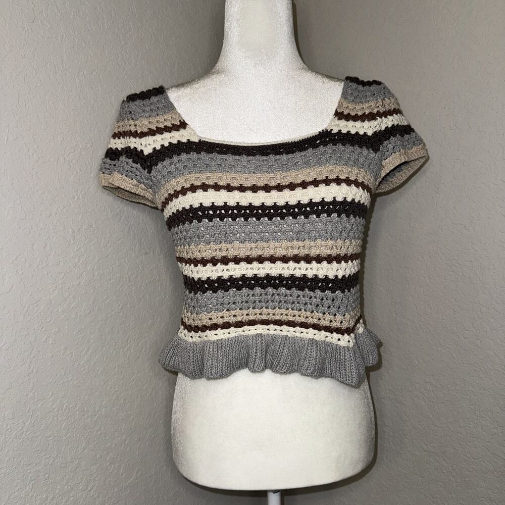 Promesa Crochet Crop Top Women's Medium Multi Knitted Ruffle Hem Cap Sleeve
